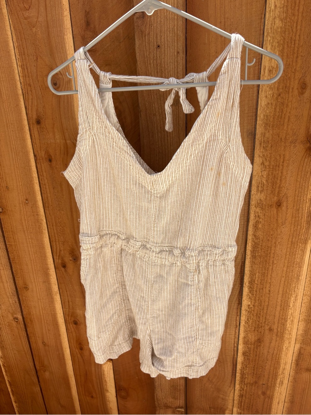 Free People M Striped Linen Look Romper Tie Back Boho Beach Playsuit